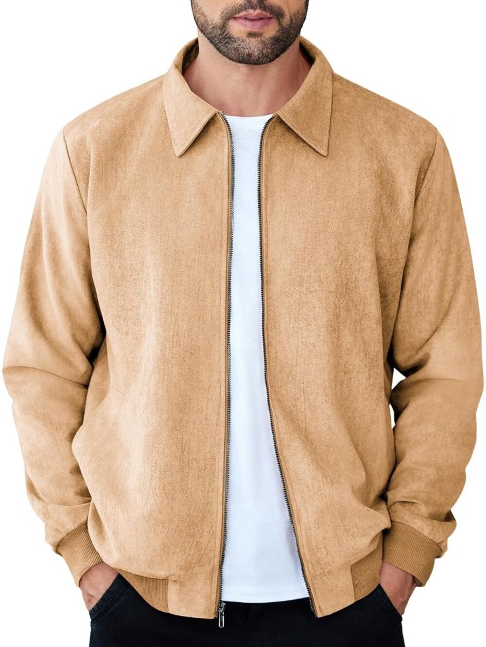 Men's Light Tan Faux Suede Full Zip Lightweight Casual Imported Bomber Jacket